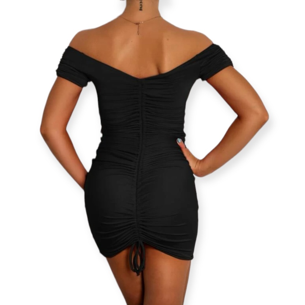 Off Shoulder Drawstring Ruched Satin Bodycon Dress - image 4
